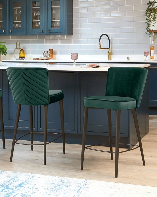 Elegant Dark Green Velvet Bar Stools for Kitchen Island