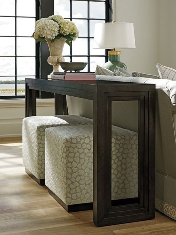 Elegant Dark Wood Console Table with Storage Ottomans
