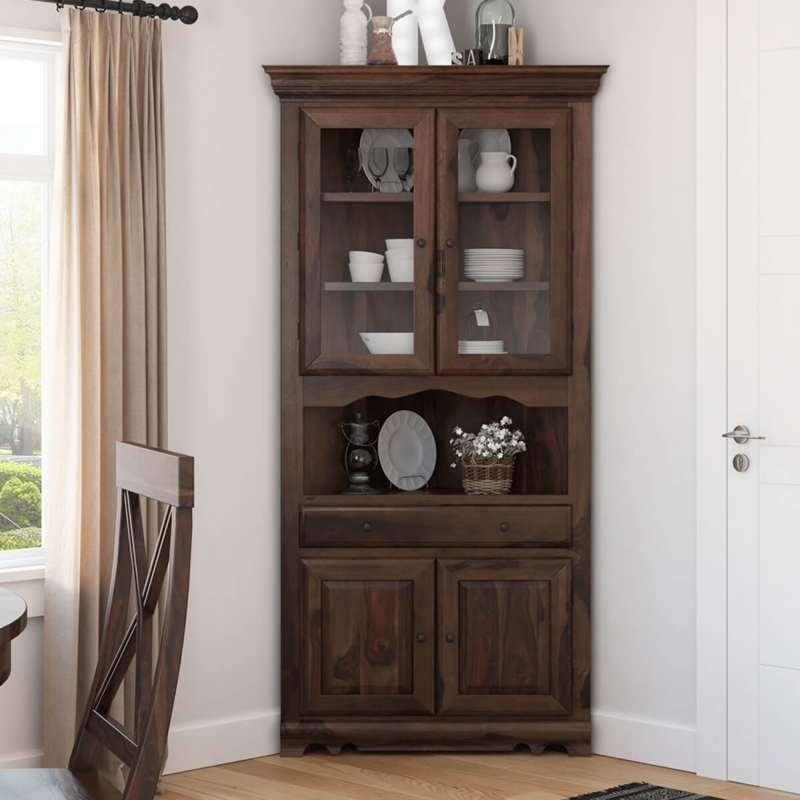 Elegant Dark Wood Corner Dining Room Cabinet