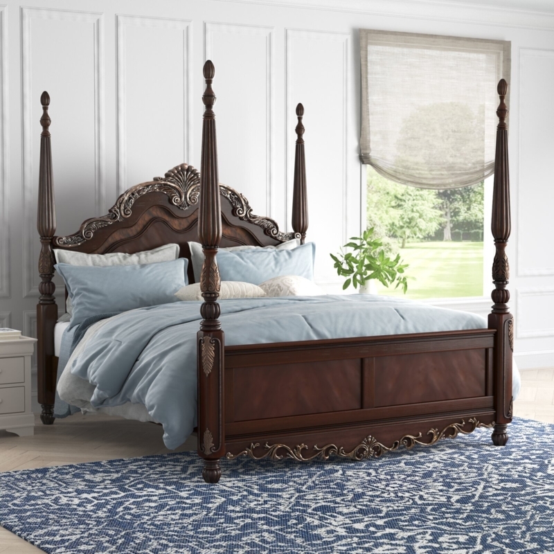 Elegant Dark Wood High Poster Bed with Blue Bedding