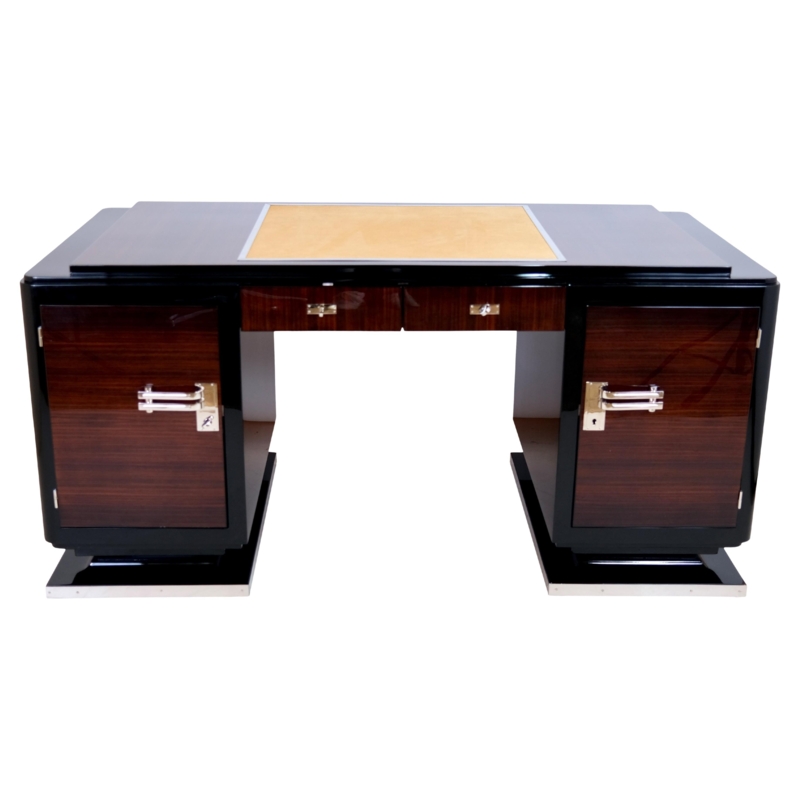 Elegant French Art Deco Macassar Desk with Carved Panels