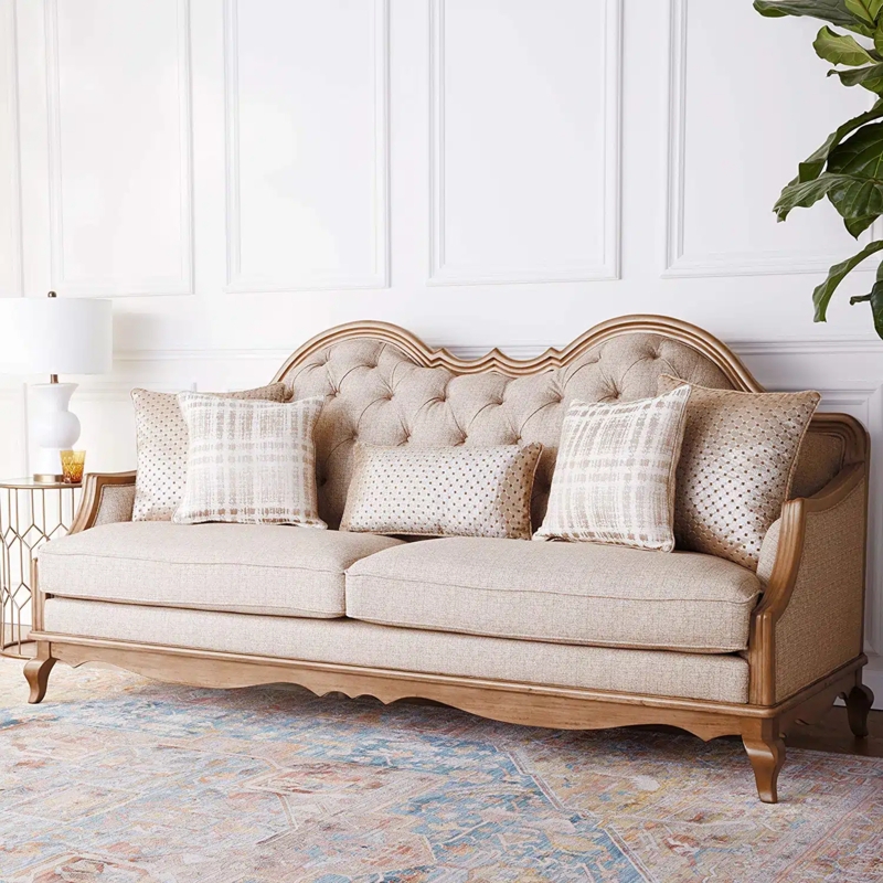 Elegant French Country Tufted Sofa with Cushions