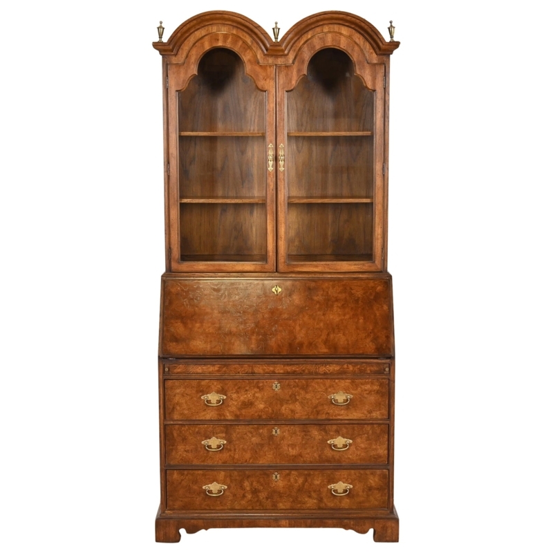 Elegant Georgian Burled Walnut Secretary Desk Hutch