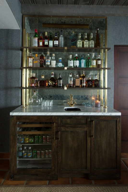 Elegant Glass Shelves with Marble Bar Counter
