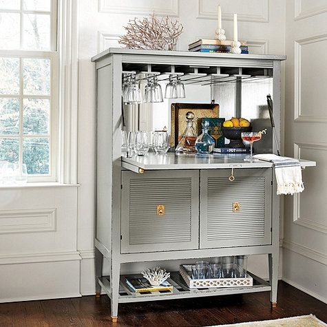 Elegant Gray Bar Cabinet with Lock and Glass Storage