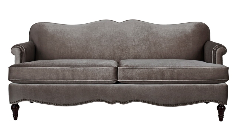 Elegant Gray Camelback Sofa with Nailhead Trim