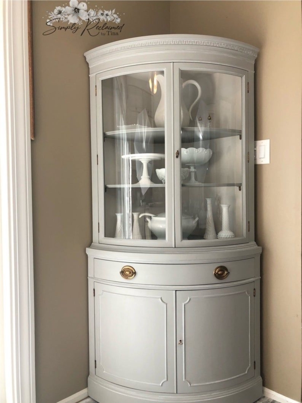 Elegant Gray Corner Display Cabinet with Glass Doors