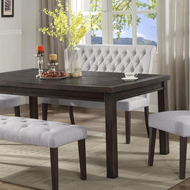 Elegant Gray Upholstered Dining Bench and Dark Wood Table