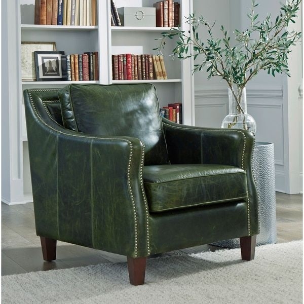 Elegant Green Leather Accent Chair with Nailhead Trim
