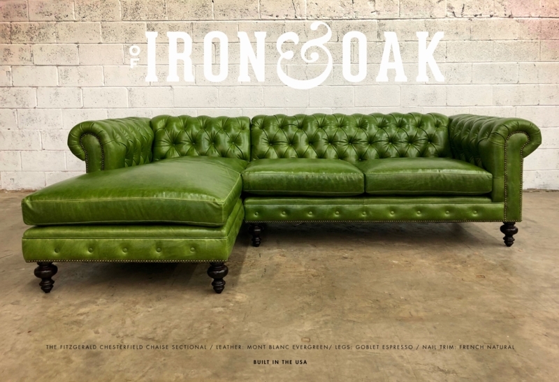 Elegant Green Leather Chesterfield Chaise Sectional Sofa