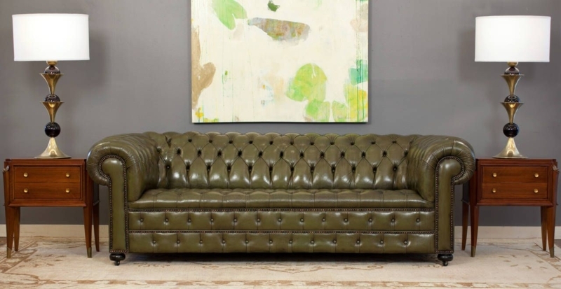 Elegant Green Leather Chesterfield Sofa with Side Tables