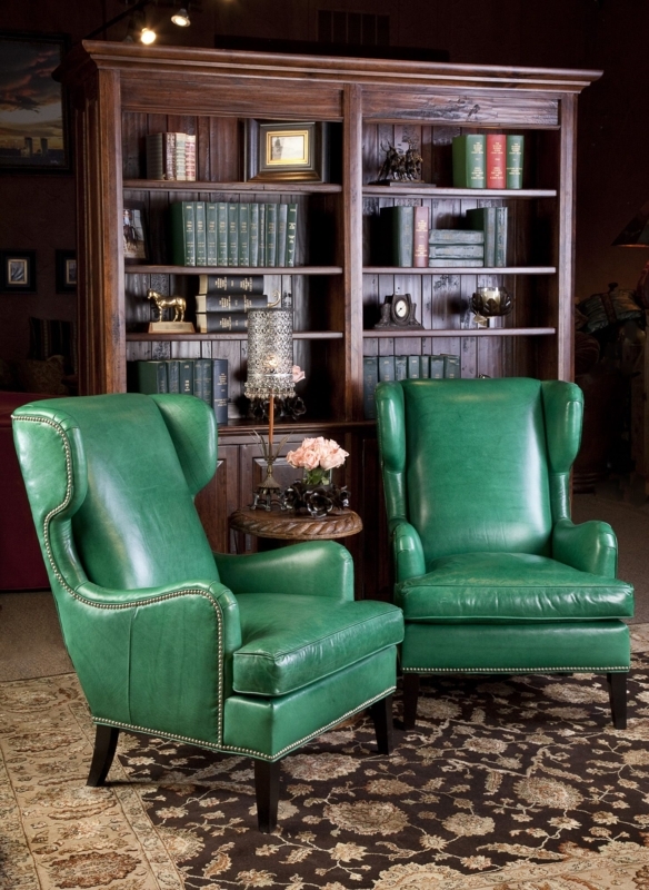 Elegant Green Leather Wingback Chairs in Classic Library