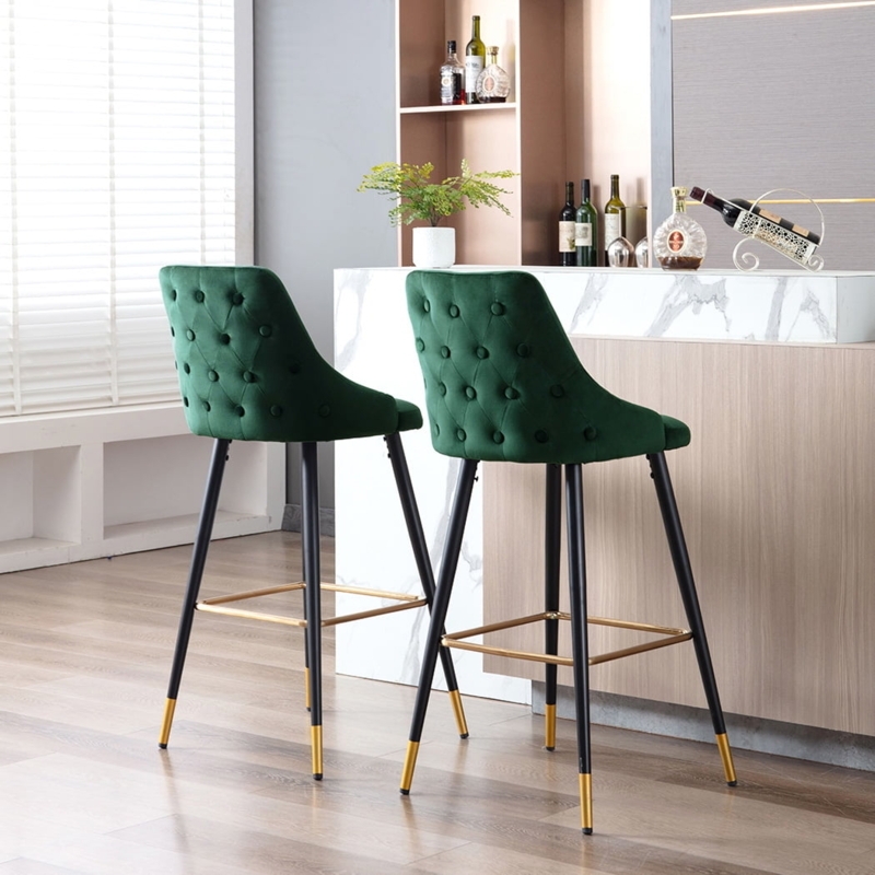 Elegant Green Velvet Bar Stools with Gold Legs