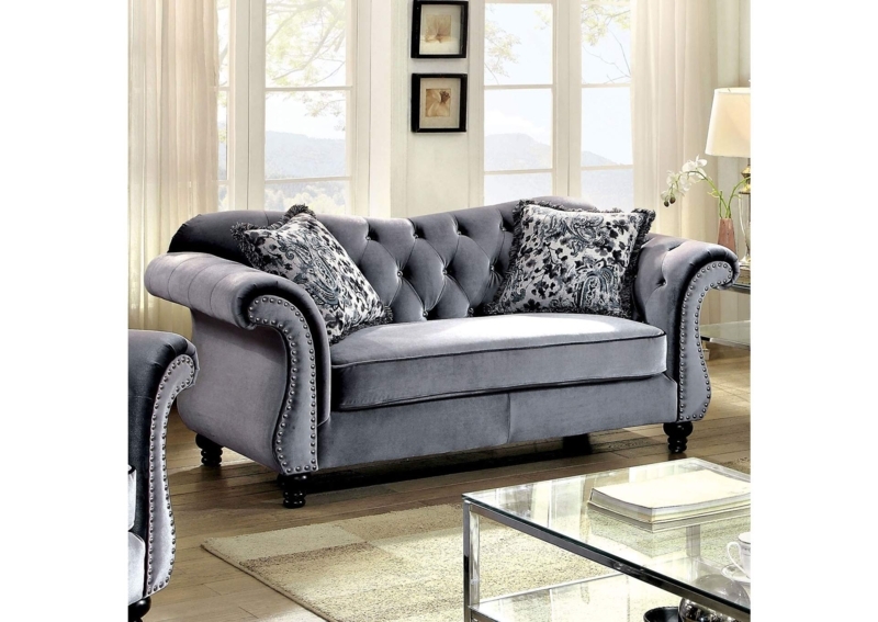 Elegant Grey Velvet Tufted Loveseat with Nailhead Trim