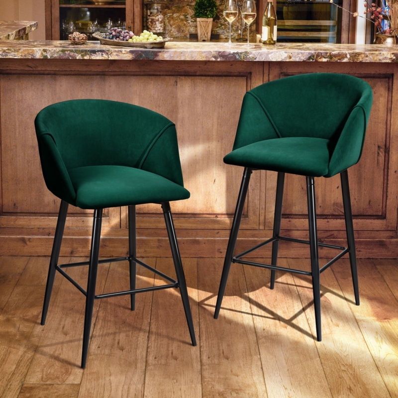 Elegant Modern Green Velvet Counter Stools with Armrests