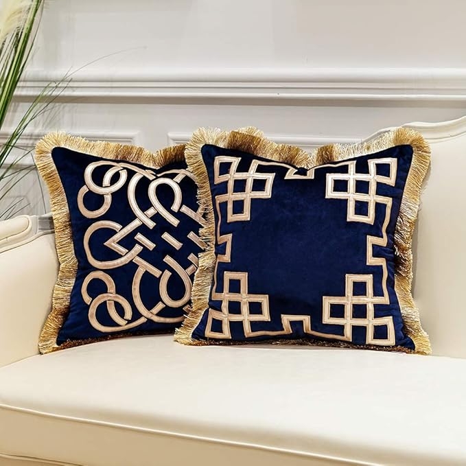 Elegant Navy Blue Pillows with Gold Trim Accent