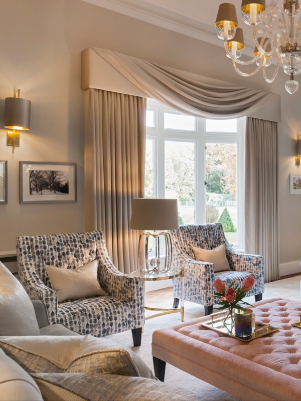 Elegant Neutral Draped Curtains with Modern Living Room