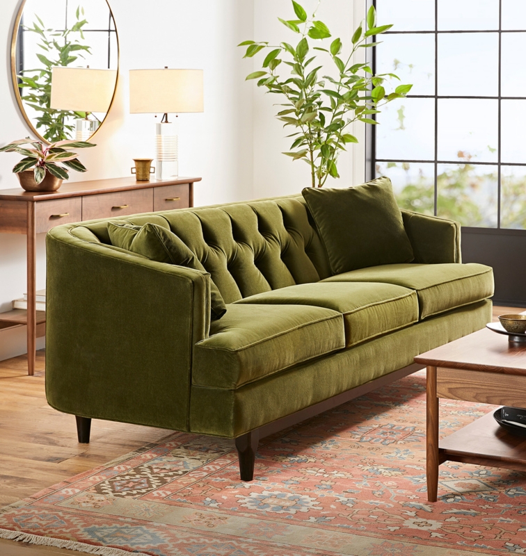 Elegant Olive Green Velvet Sofa in Boho Living Room