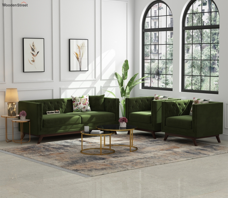 Elegant Olive Green Velvet Sofa Set with Gold Accents