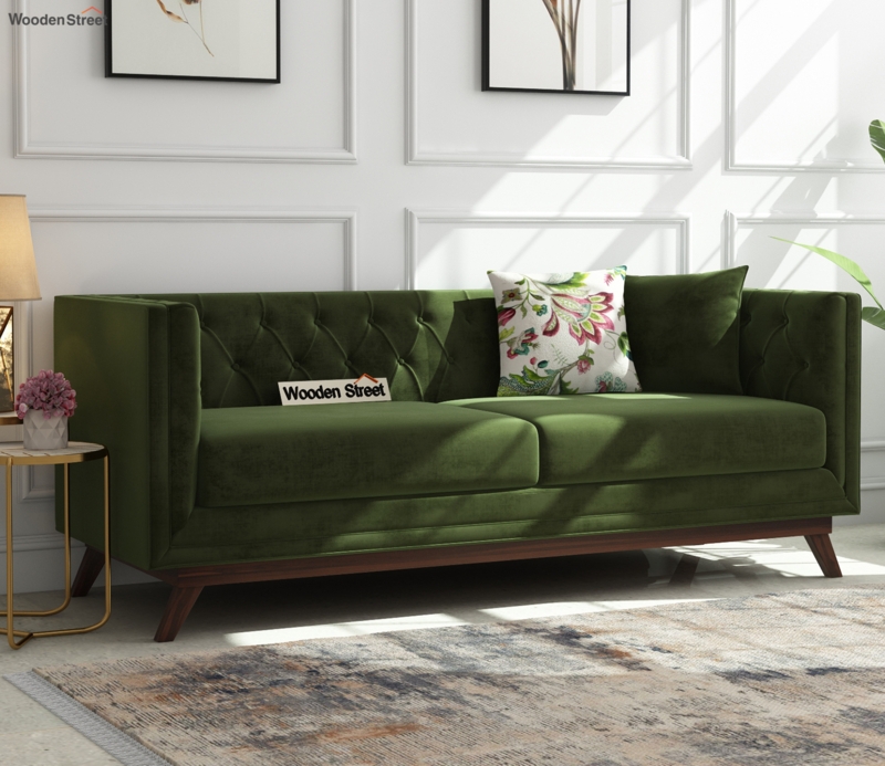 Elegant Olive Green Velvet Sofa with Wooden Legs