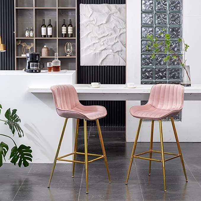 Elegant Pink Velvet Bar Stools with Gold Legs