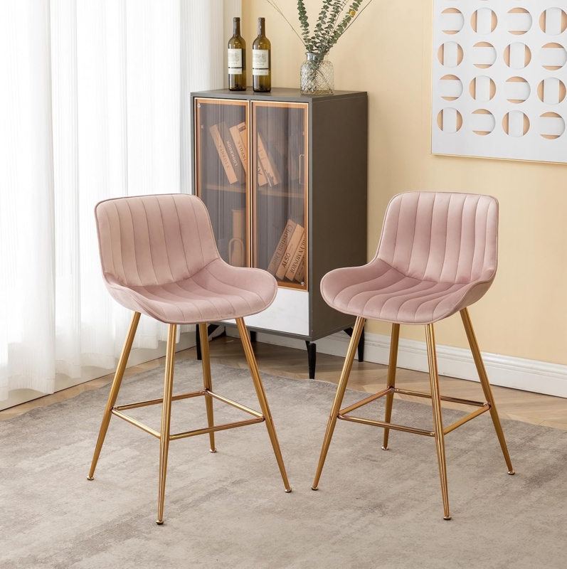 Elegant Pink Velvet Bar Stools with Gold Legs