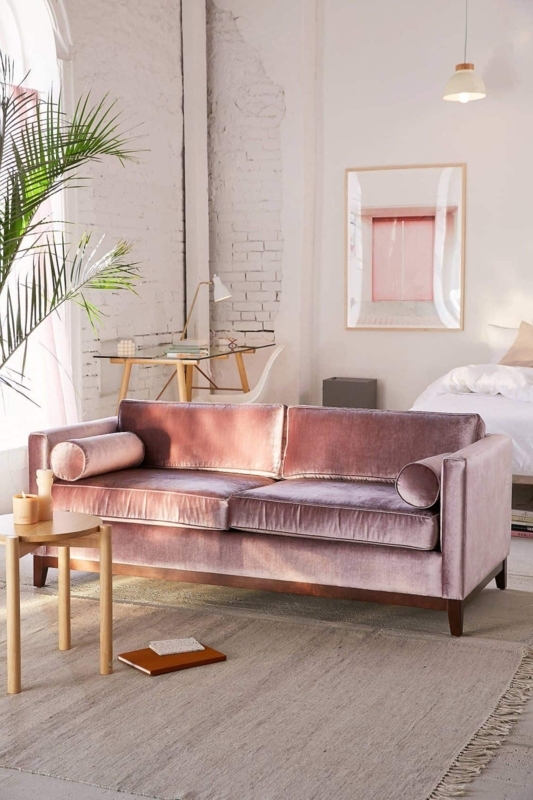 Elegant Pink Velvet Sofa in Bright Modern Living Room