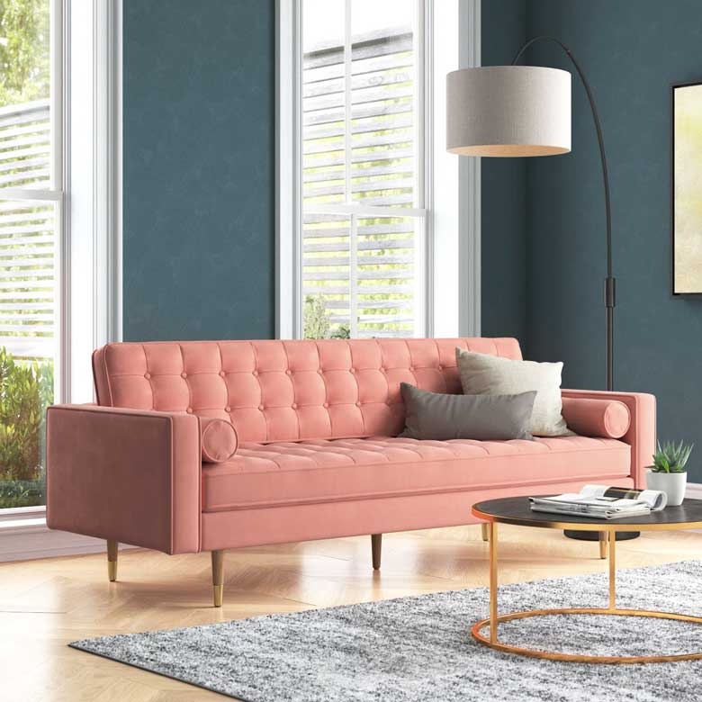 Elegant Pink Velvet Sofa in Modern Living Room