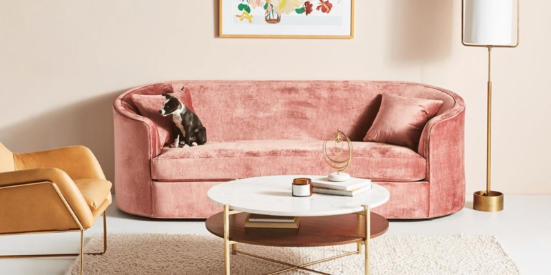 Elegant Pink Velvet Sofa in Stylish Modern Living Room
