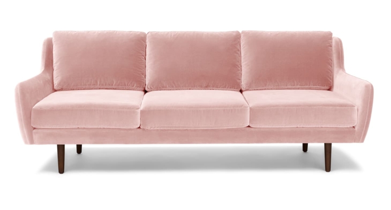 Elegant Pink Velvet Sofa with Mid-Century Wooden Legs