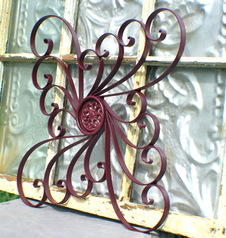 Elegant Red Curved Wrought Iron Outdoor Wall Art