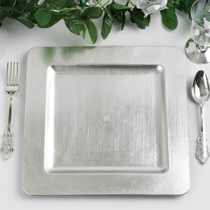 Elegant Square Silver Charger Plate with Floral Accents