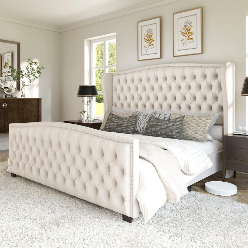 Elegant Tufted Queen Platform Bed with Neutral Palette