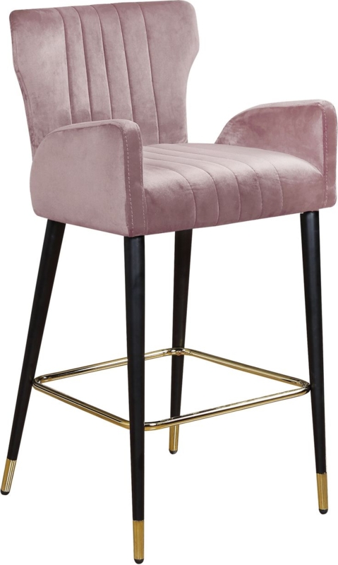 Elegant Velvet Pink Bar Stool with Gold Accents