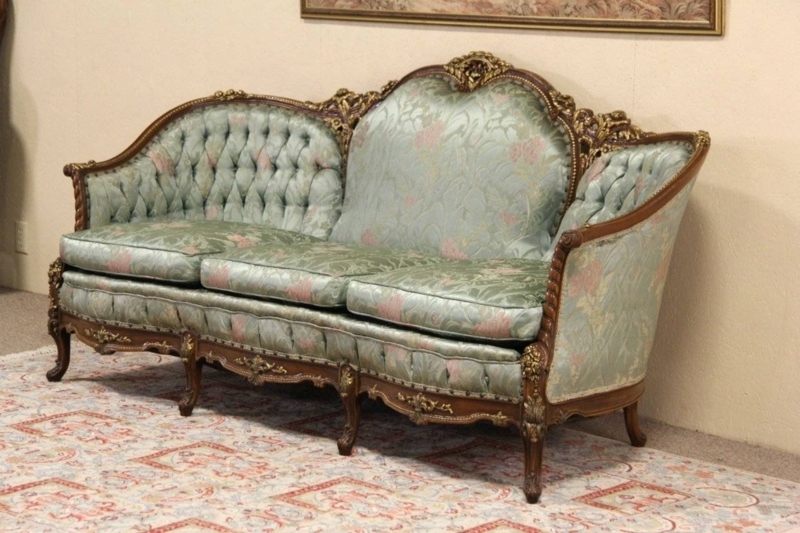 Elegant Vintage French Style Sofa with Carved Wood Details