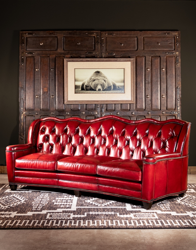 Elegant Vintage Red Leather Sofa with Nailhead Trim