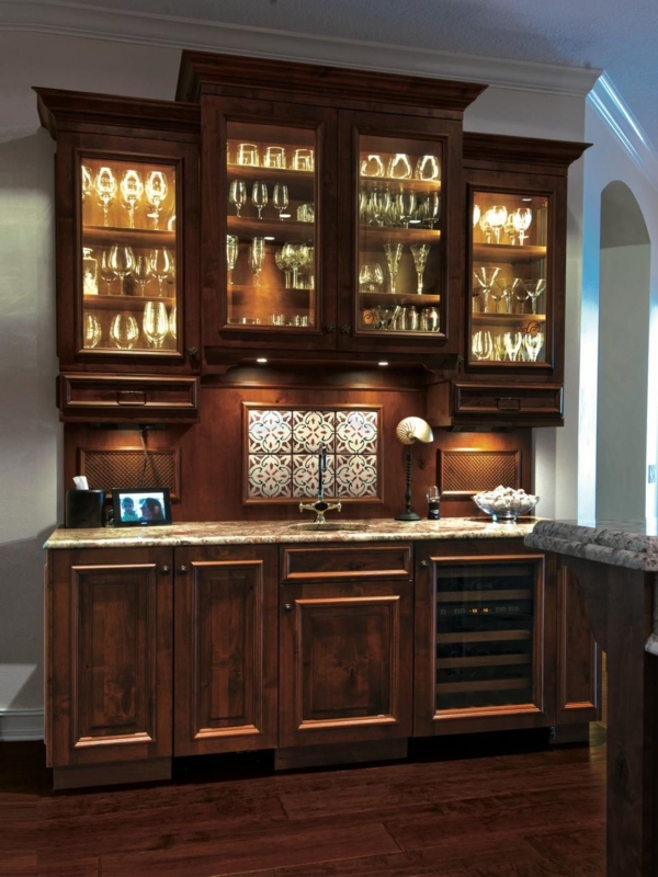 Elegant Warm Brown Wood Kitchen Cabinets with Lighting