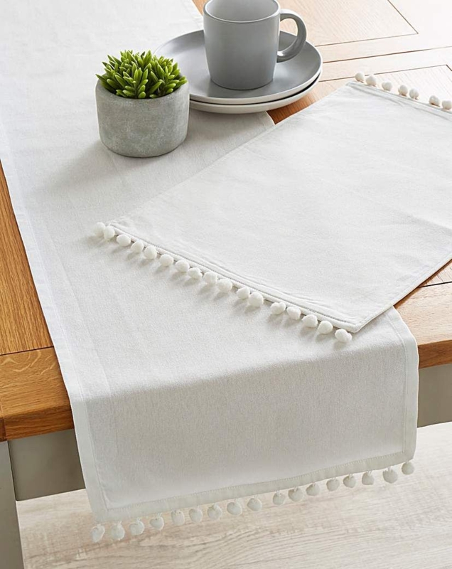Elegant White Pom Pom Table Runner and Placemats