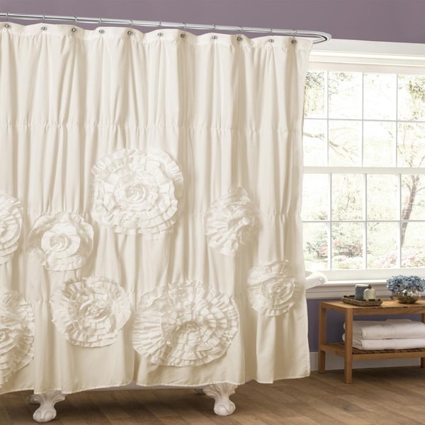 Elegant White Ruffle Trim Floral Shower Curtain