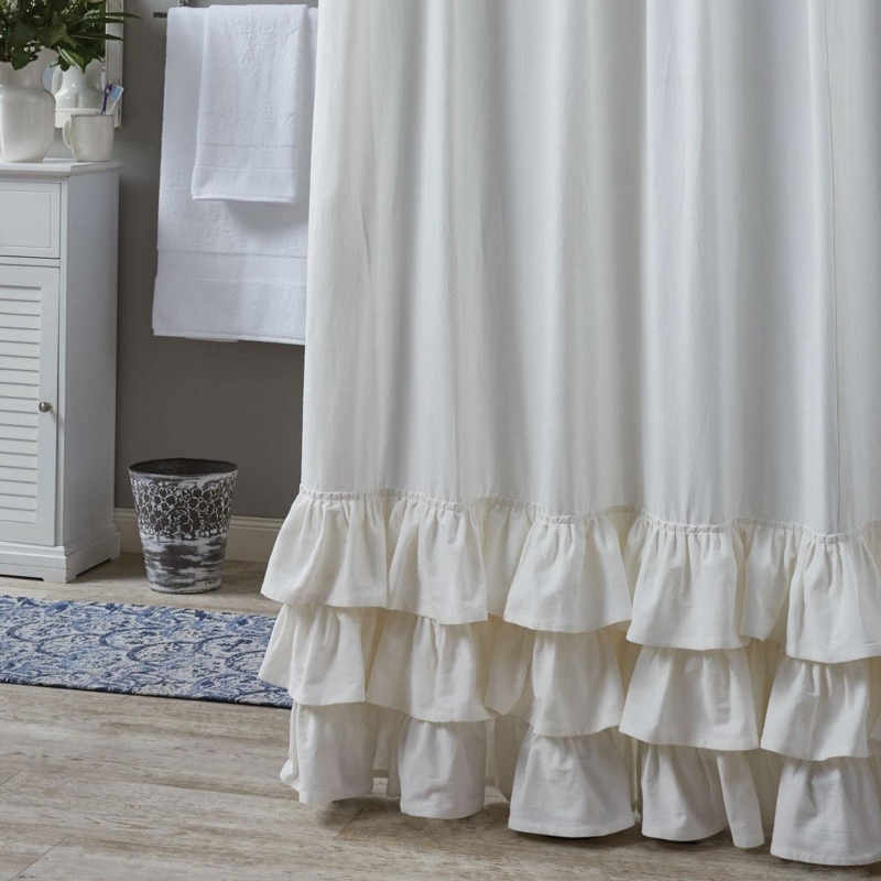 Elegant White Ruffled Shower Curtain for Bathrooms
