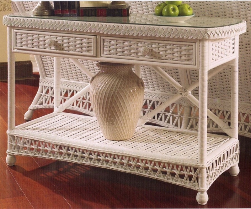 Elegant White Wicker Console Table with Glass Top