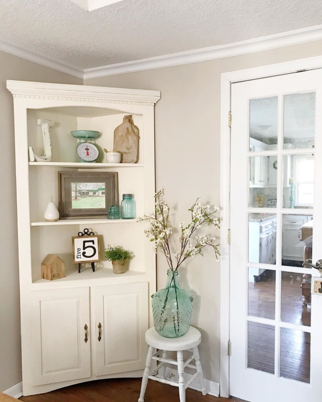 Elegant White Wooden Dining Room Corner Cabinet