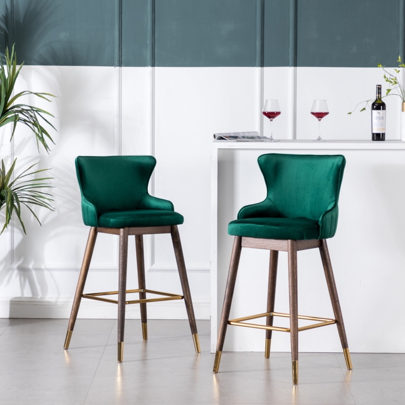 Emerald Green Velvet Upholstered Wingback Bar Stools