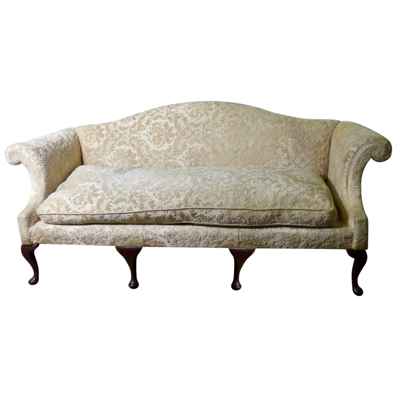 English Chippendale Camel Back Sofa with Damask Upholstery