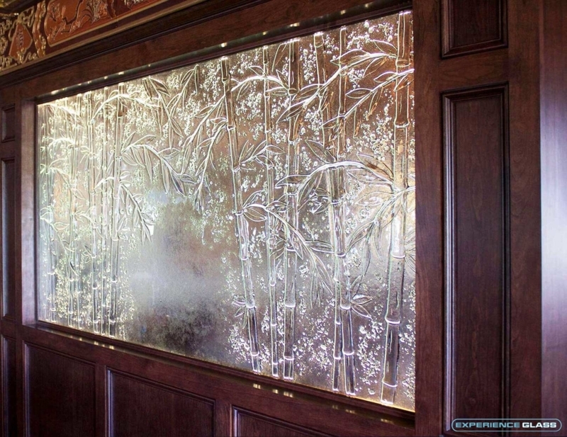 Etched Glass Room Divider with Bamboo Motif