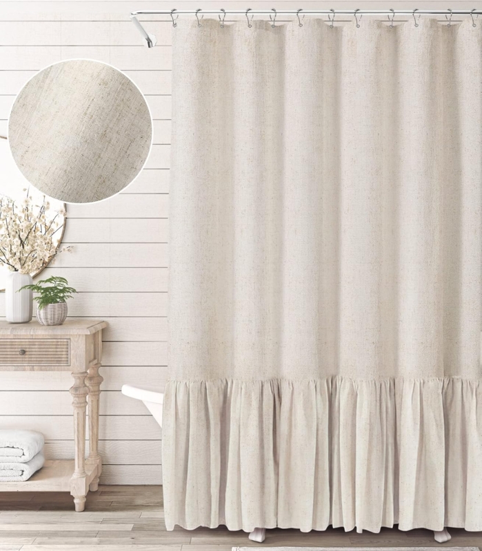 Farmhouse Linen Blend Shower Curtain with Ruffle Hem