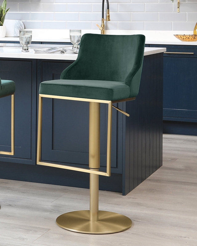 Fern Green Velvet and Brass Adjustable Bar Stool