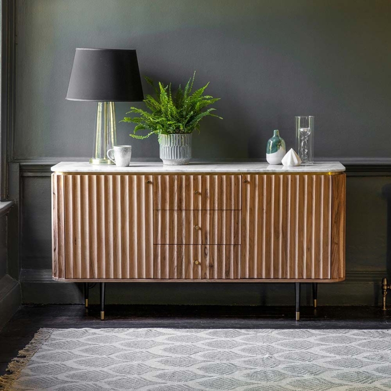 Fluted Wood Marble Top Sideboard in Modern Interior