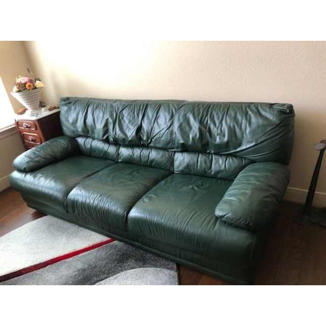 Forest Green Leather Sofa in Cozy Living Room
