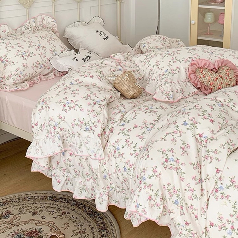 French Floral Ruffled Cotton Duvet Cover Set